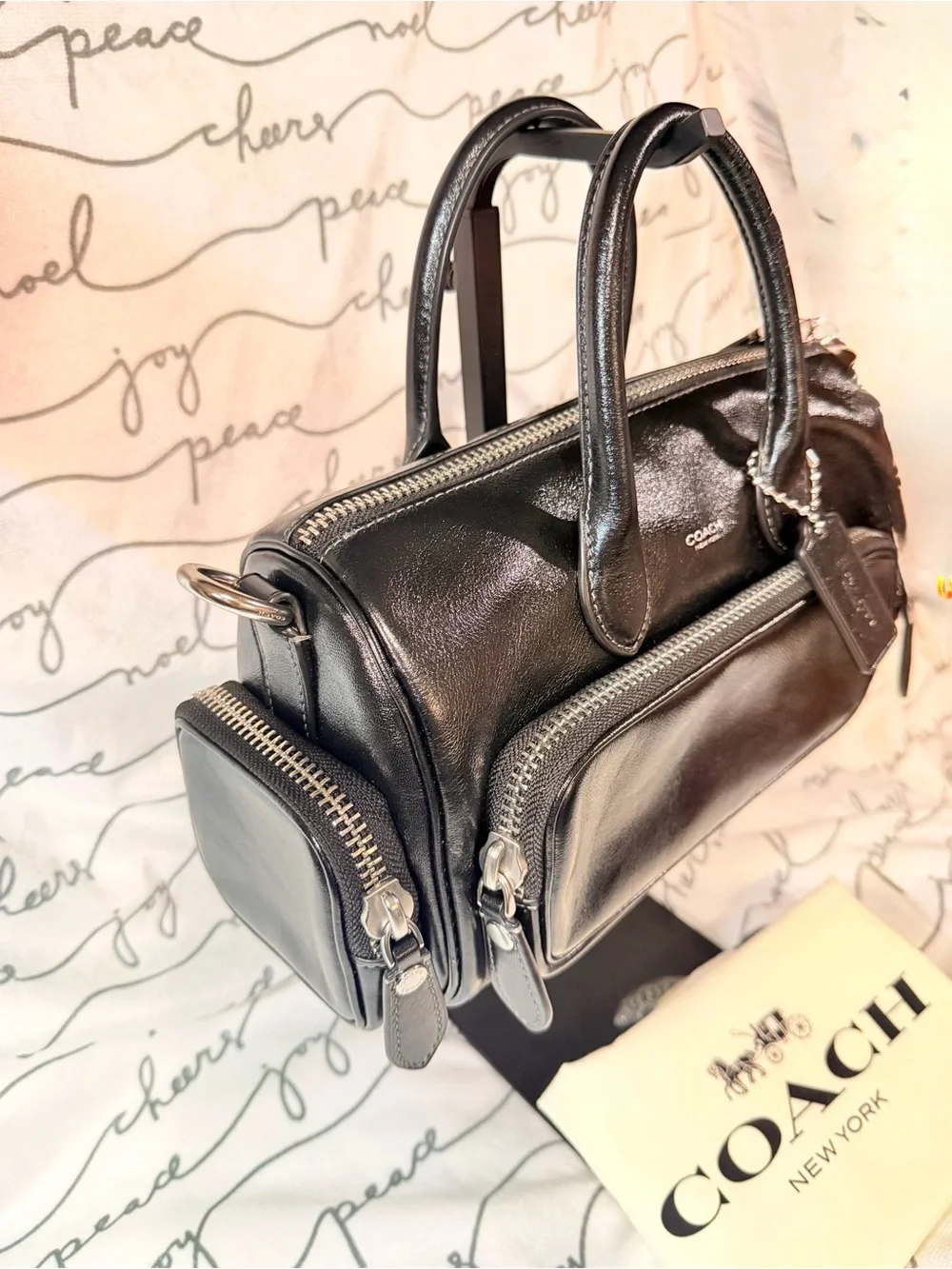 Coach Compass 25 with Pockets in Black Glazed Leather NWT